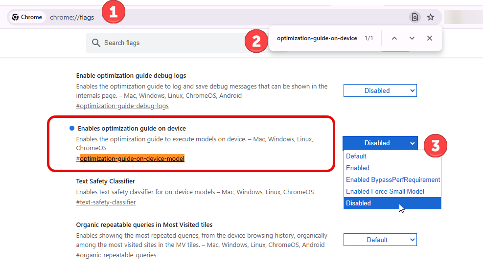 Demonstrates steps of finding the software in question Looking for the Chrome://flags to find the sneaky AI model